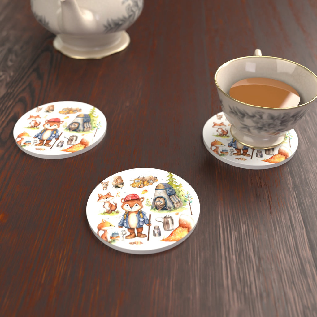 Woodland Fox Camping Adventure Round Ceramic Coasters – Set of 6 – lifestyle mockup with a teacup
