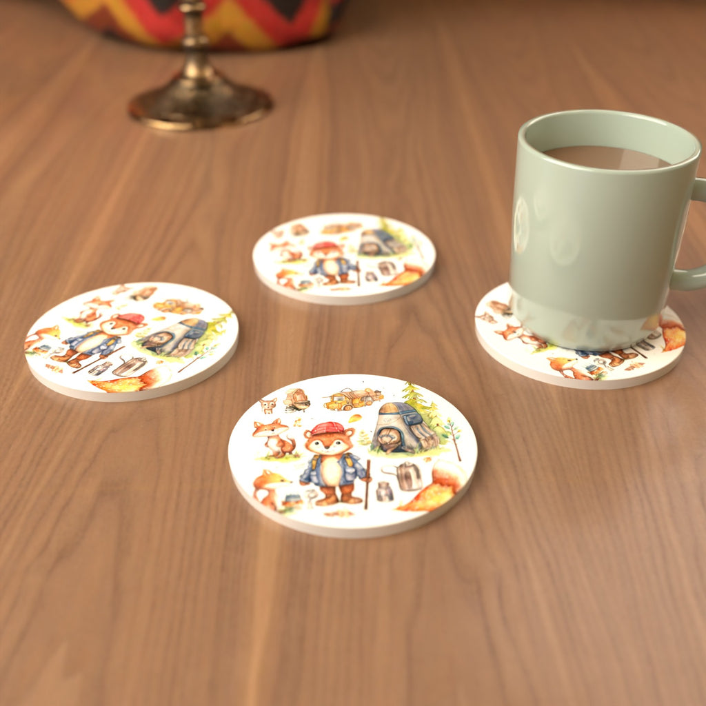 Woodland Fox Camping Adventure Round Ceramic Coasters – Set of 6 – cosy lifestyle mockup