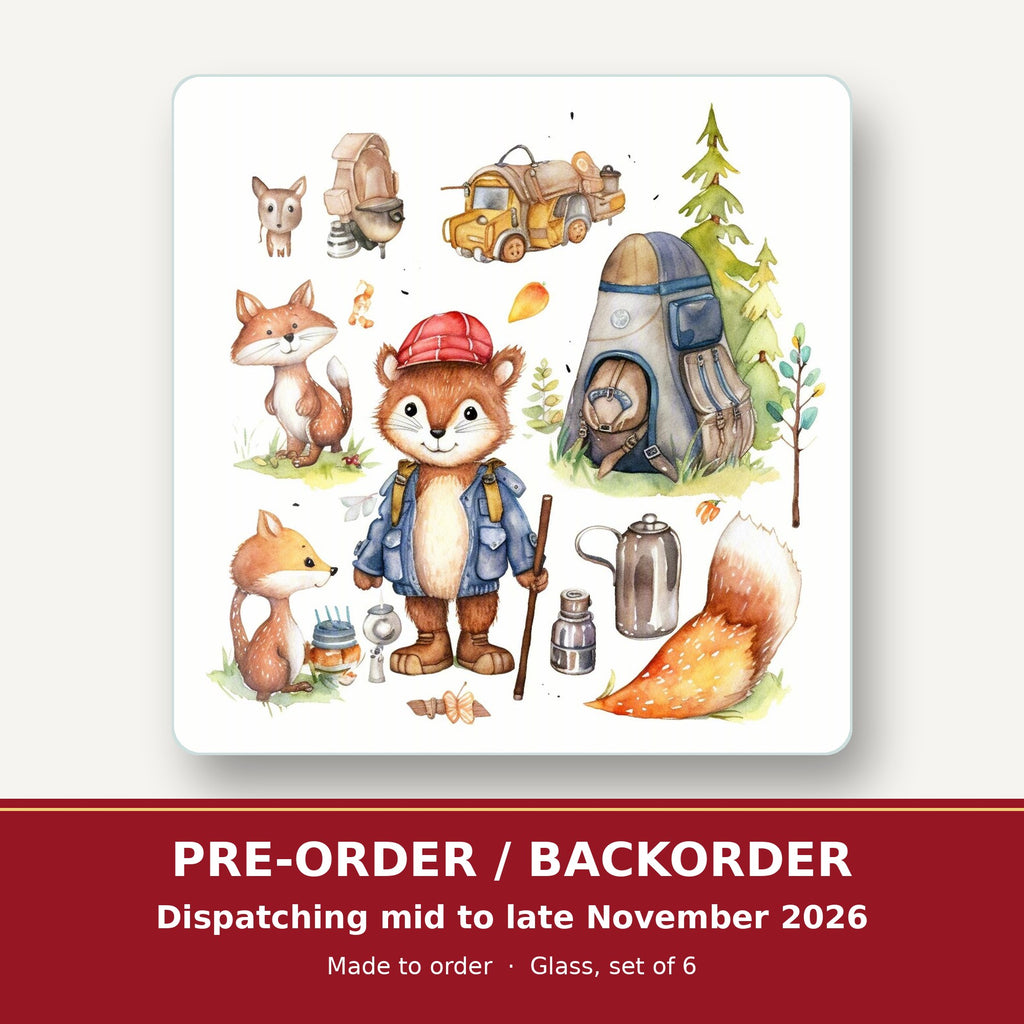 Woodland Fox Camping Adventure square glass coaster set of 6 – pre-order / backorder, dispatching mid to late November 2026
