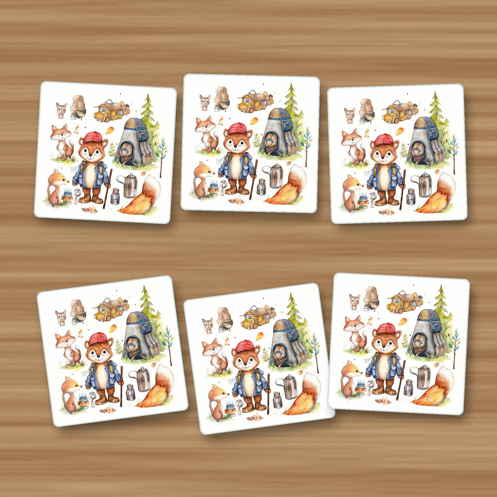 Woodland Fox Camping Adventure square glass coasters, set of 6, on an oak coffee table