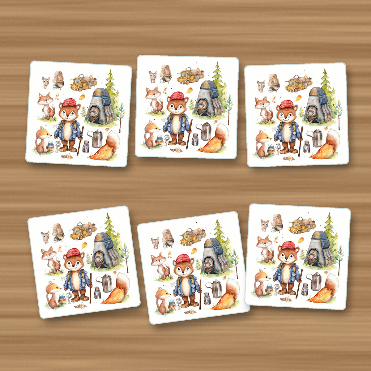 Woodland Fox Camping Adventure square glass coasters, set of 6, on an oak coffee table