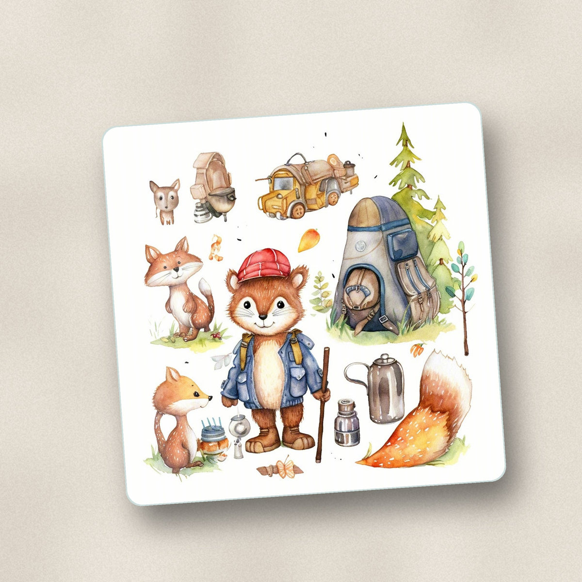 Close-up of one woodland fox camping adventure square glass coaster, flat UV print