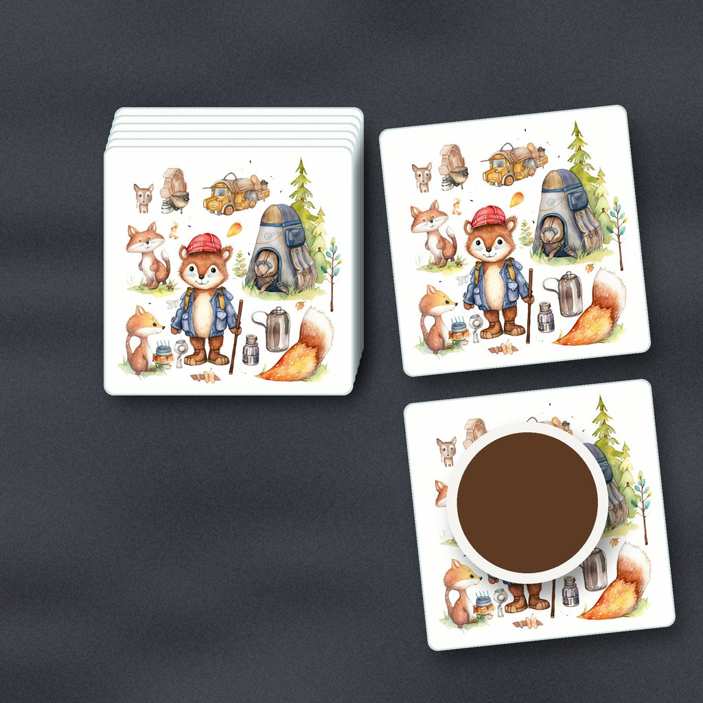Woodland Fox Camping Adventure square glass coasters stacked on a slate kitchen worktop