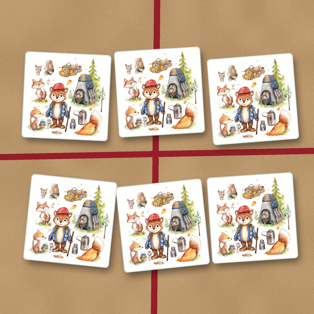 Woodland Fox Camping Adventure square glass coasters on kraft gift wrap