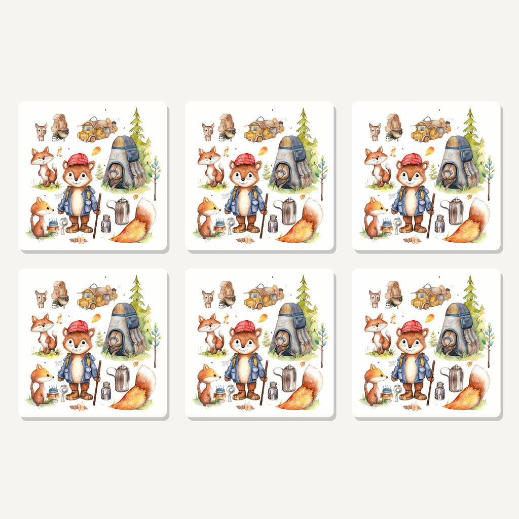 Flat lay of the woodland fox camping adventure artwork on six square coasters