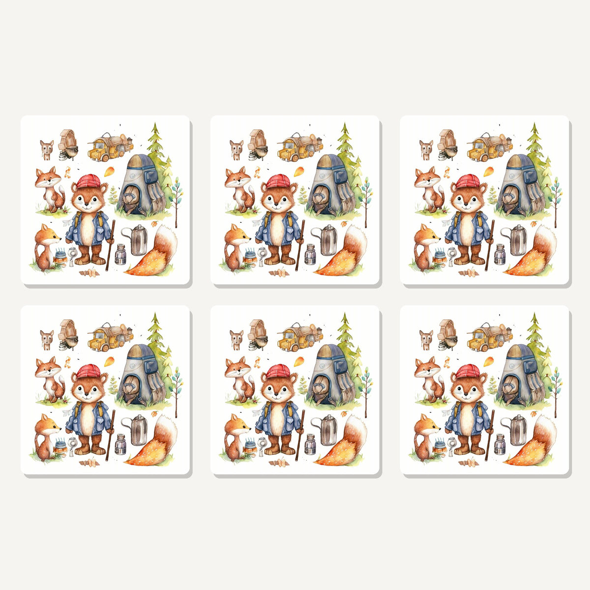 Flat lay of the woodland fox camping adventure artwork on six square coasters