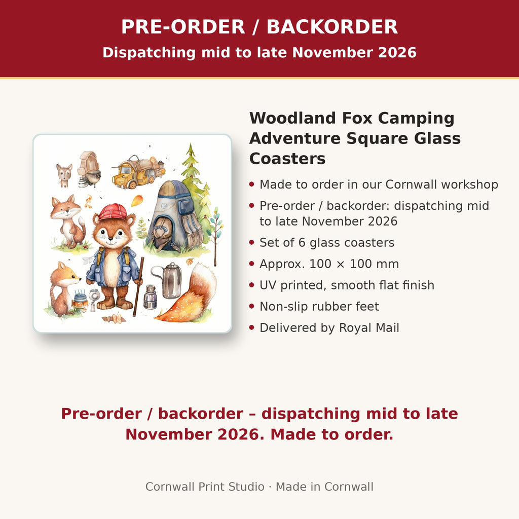 Info card: Woodland Fox Camping Adventure Square Glass Coasters – Set of 6, made to order, dispatching mid to late November 2026, delivered by Royal Mail