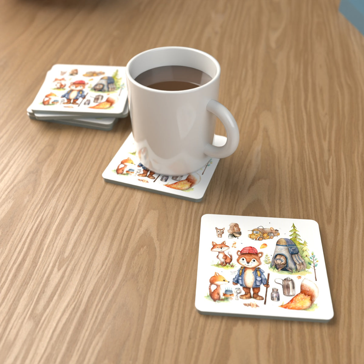 Woodland Fox Camping Adventure Square Glass Coasters – Set of 6 – lifestyle mockup with a mug of coffee