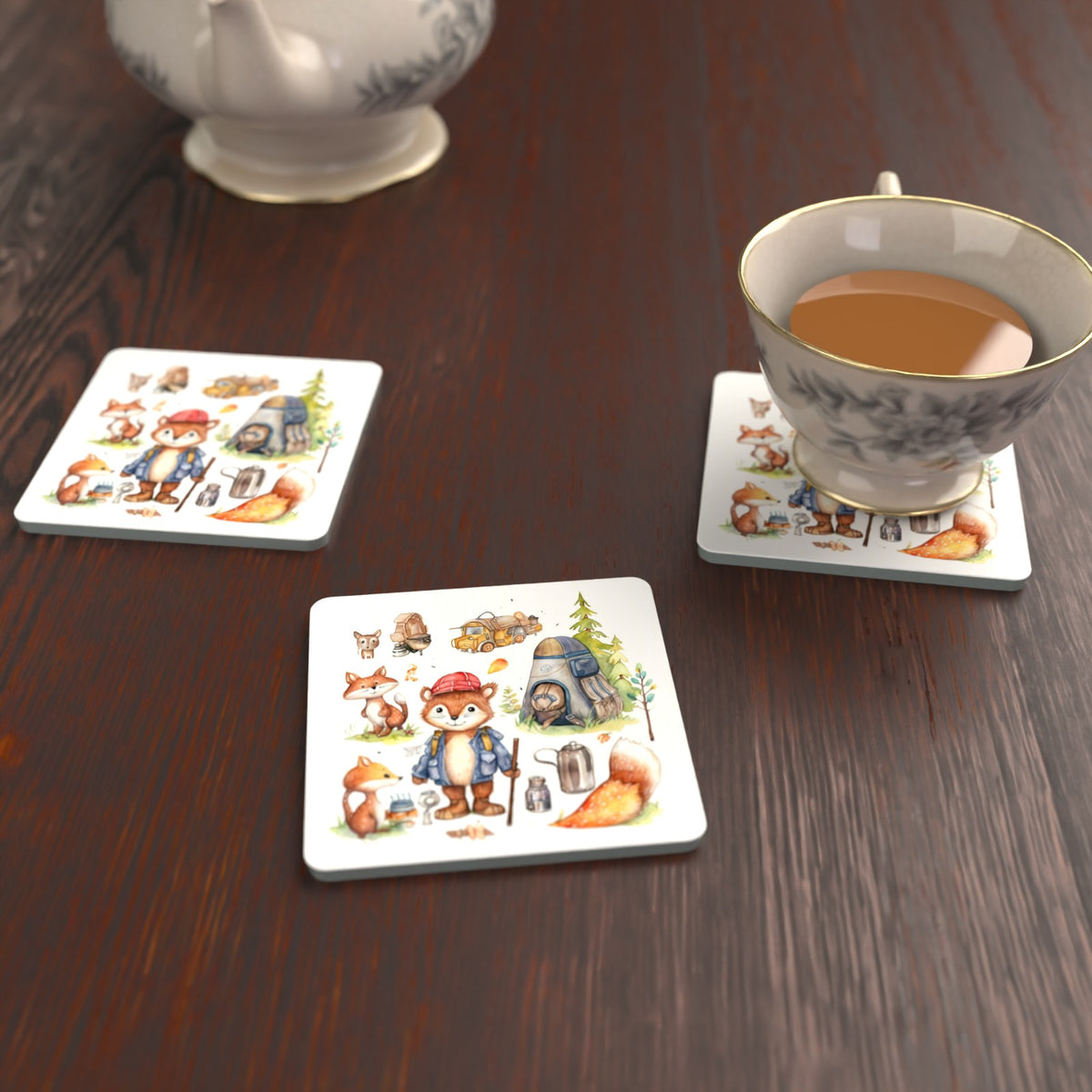 Woodland Fox Camping Adventure Square Glass Coasters – Set of 6 – lifestyle mockup with a teacup