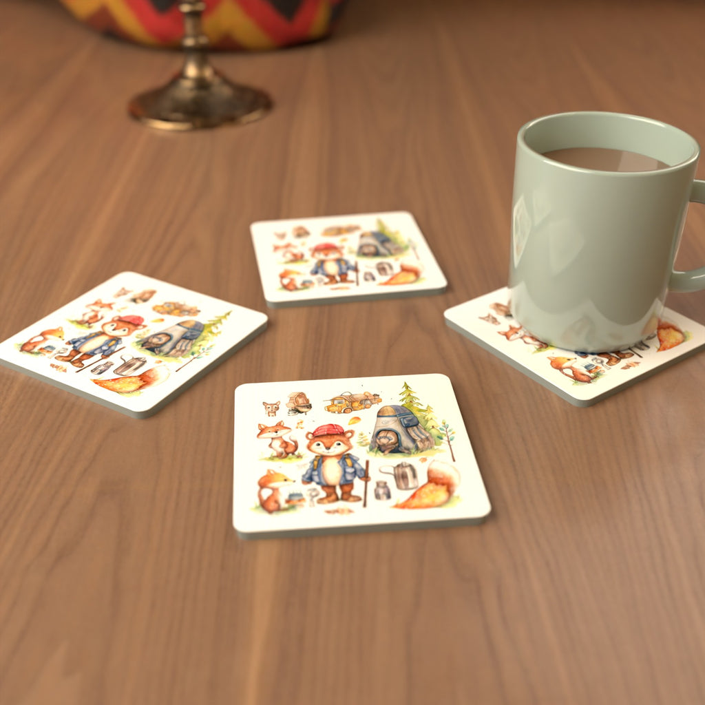 Woodland Fox Camping Adventure Square Glass Coasters – Set of 6 – cosy lifestyle mockup