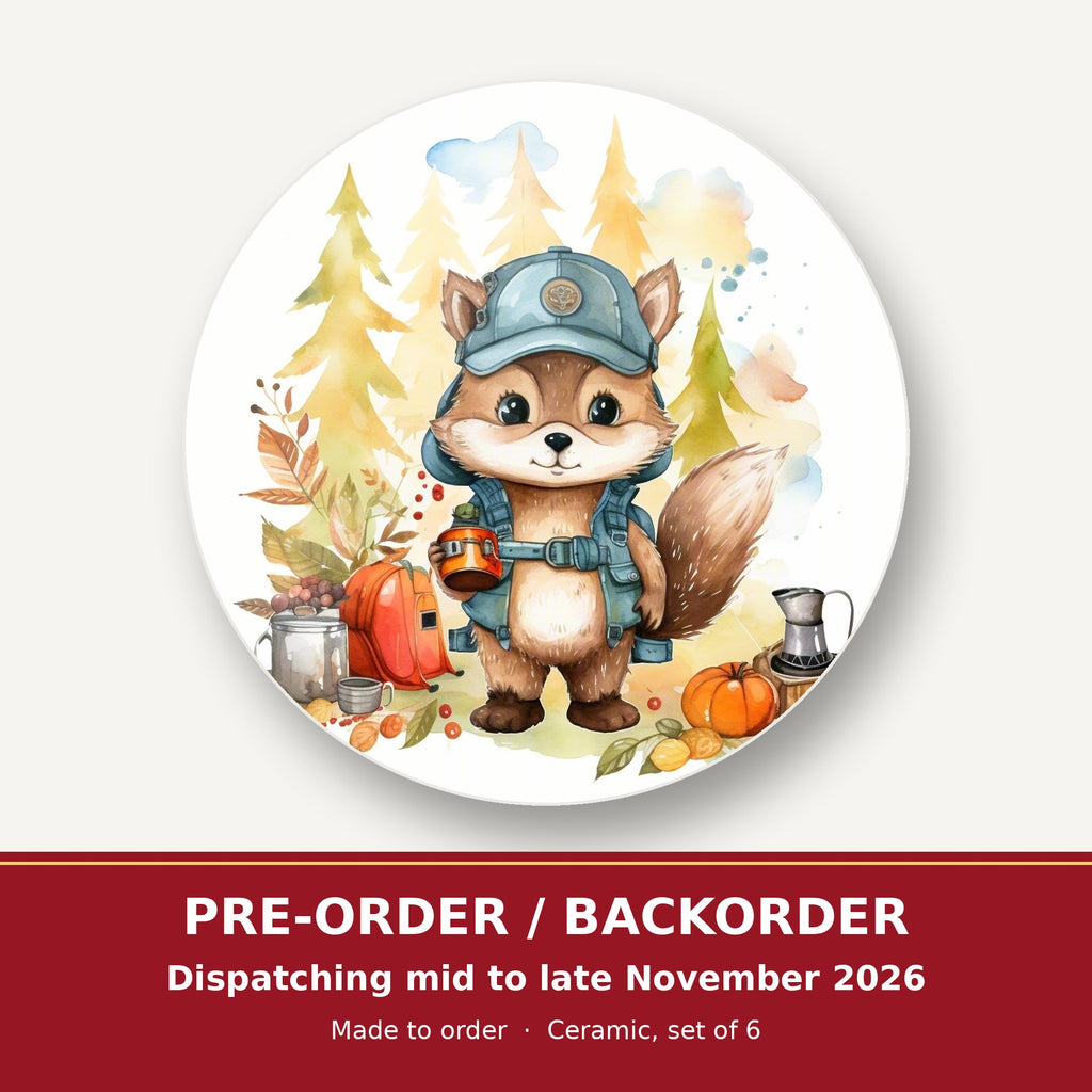 Squirrel Camper round ceramic coaster set of 6 – pre-order / backorder, dispatching mid to late November 2026