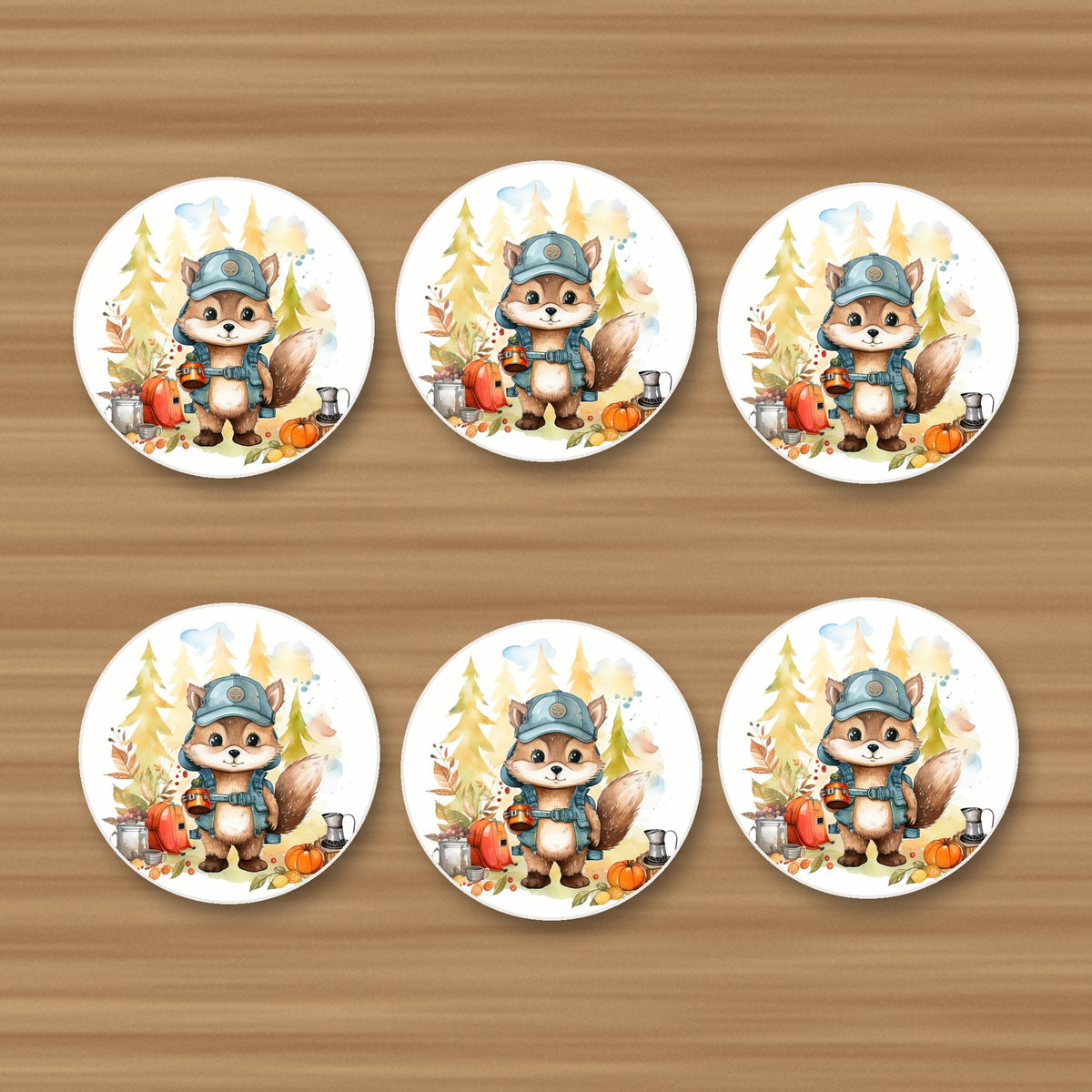 Squirrel Camper round ceramic coasters, set of 6, on an oak coffee table