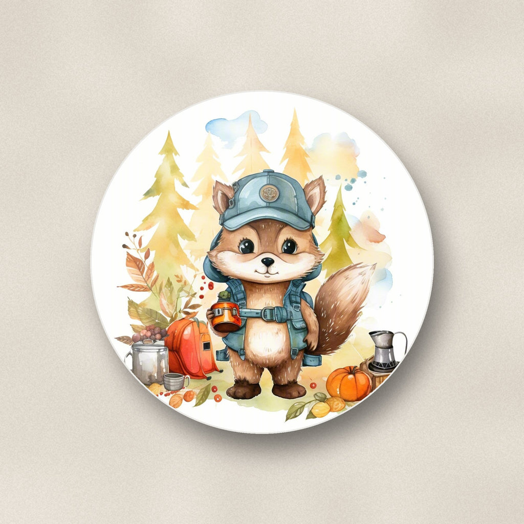 Close-up of one squirrel camper round ceramic coaster, flat UV print