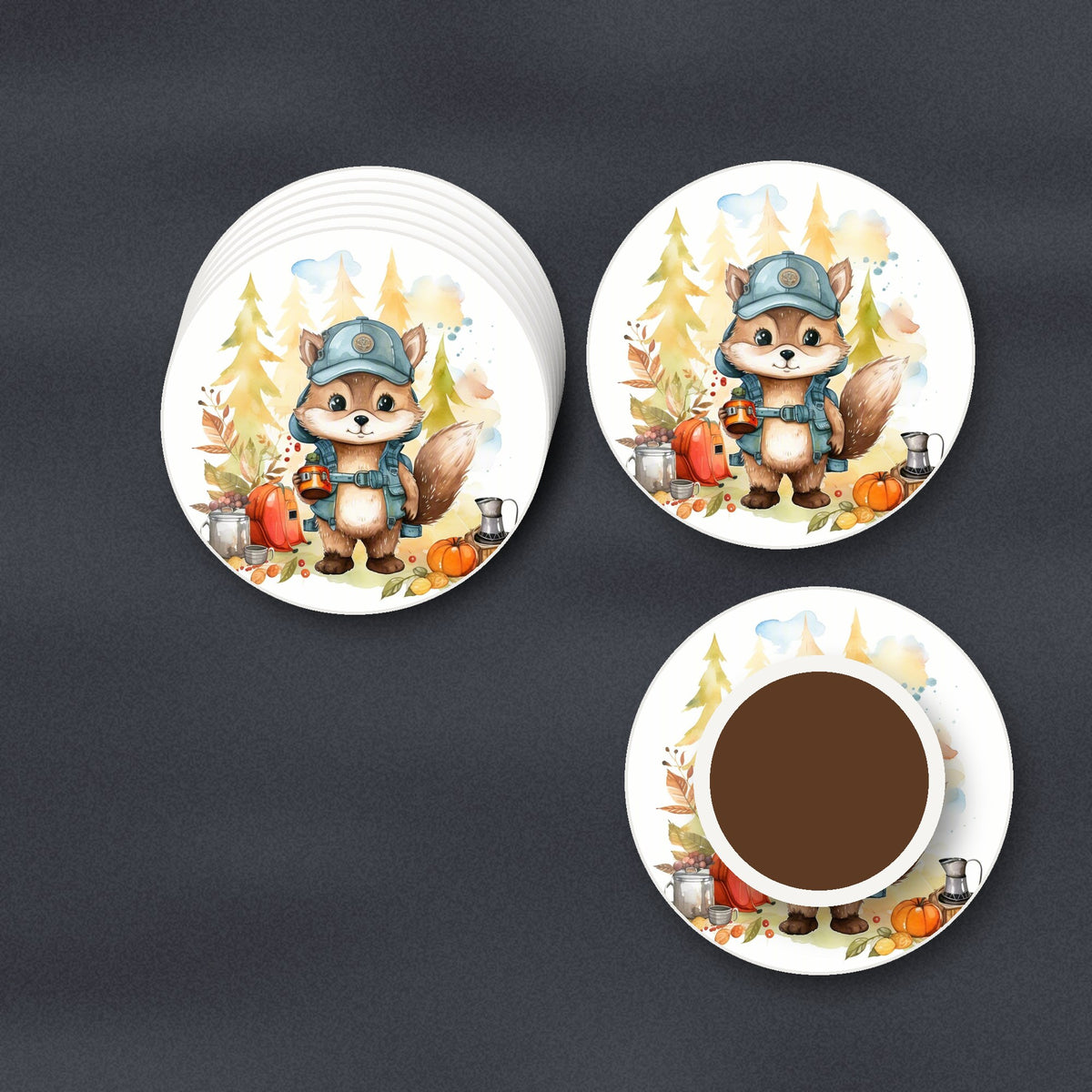 Squirrel Camper round ceramic coasters stacked on a slate kitchen worktop