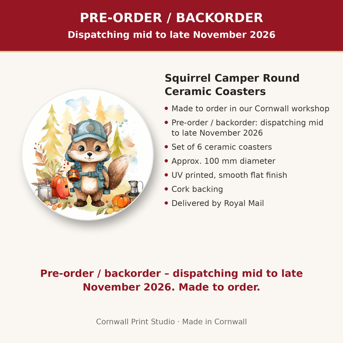 Info card: Squirrel Camper Round Ceramic Coasters – Set of 6, made to order, dispatching mid to late November 2026, delivered by Royal Mail