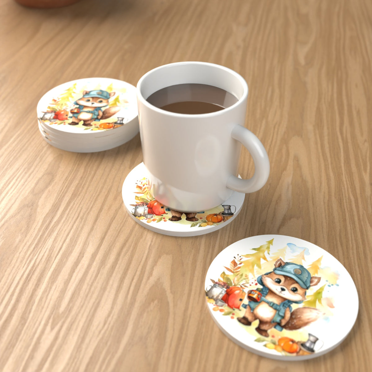 Squirrel Camper Round Ceramic Coasters – Set of 6 – lifestyle mockup with a mug of coffee