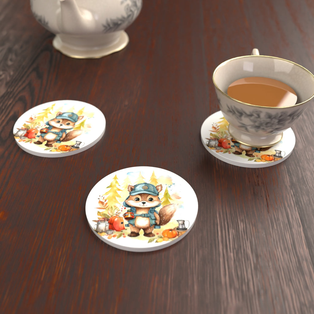 Squirrel Camper Round Ceramic Coasters – Set of 6 – lifestyle mockup with a teacup
