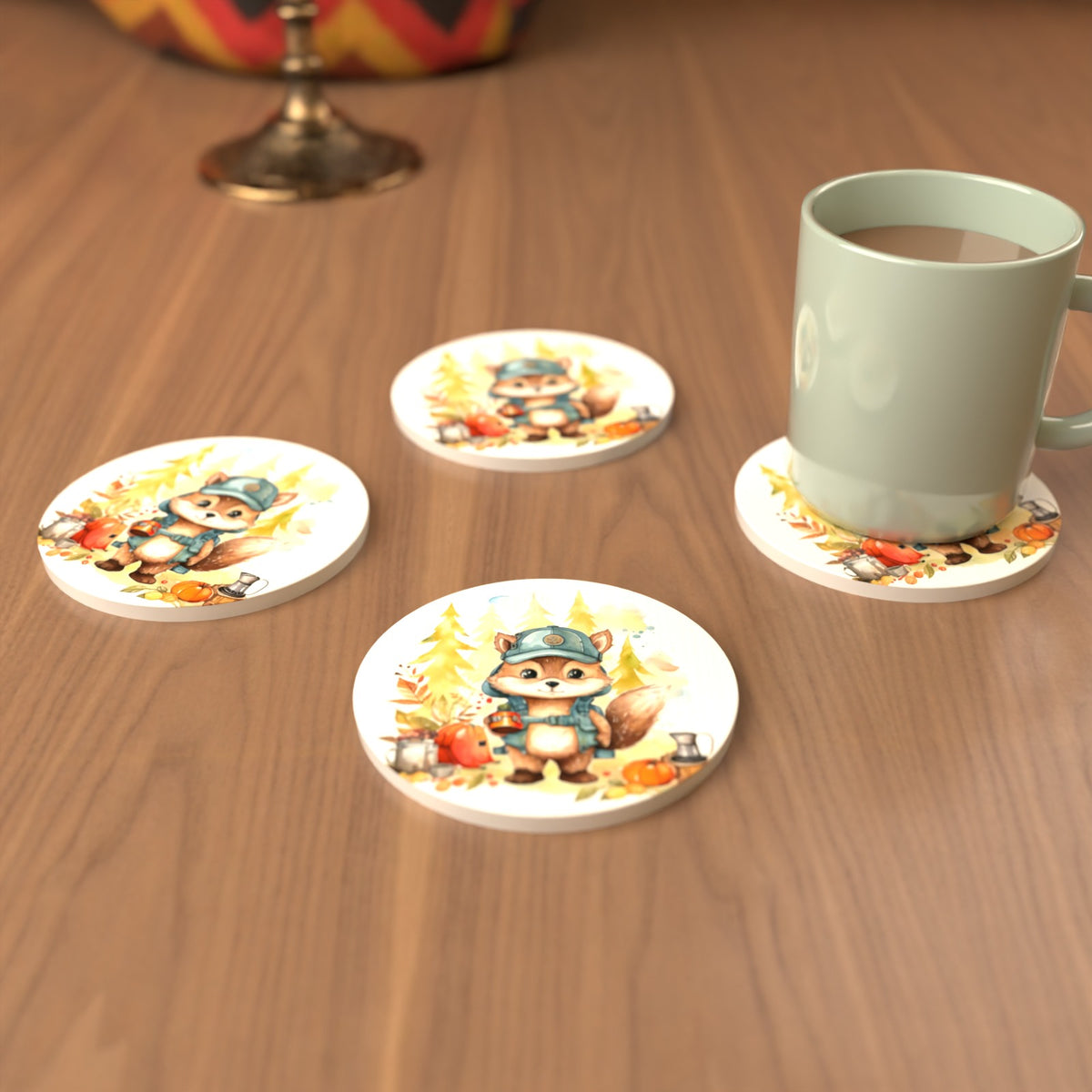 Squirrel Camper Round Ceramic Coasters – Set of 6 – cosy lifestyle mockup