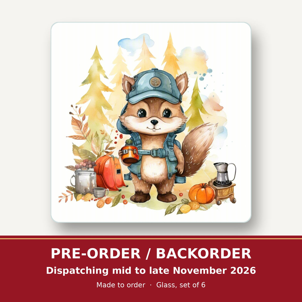 Squirrel Camper square glass coaster set of 6 – pre-order / backorder, dispatching mid to late November 2026