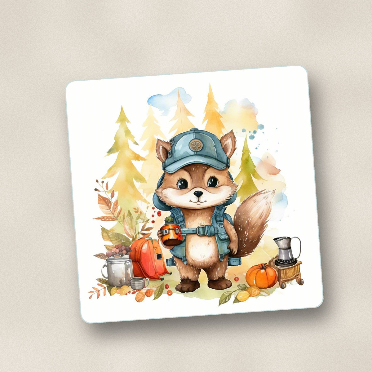 Close-up of one squirrel camper square glass coaster, flat UV print