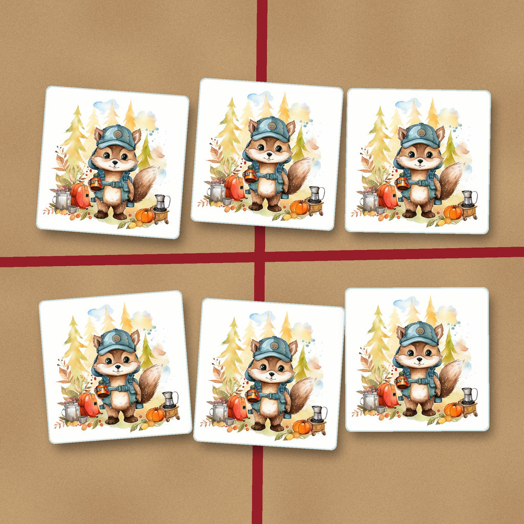 Squirrel Camper square glass coasters on kraft gift wrap