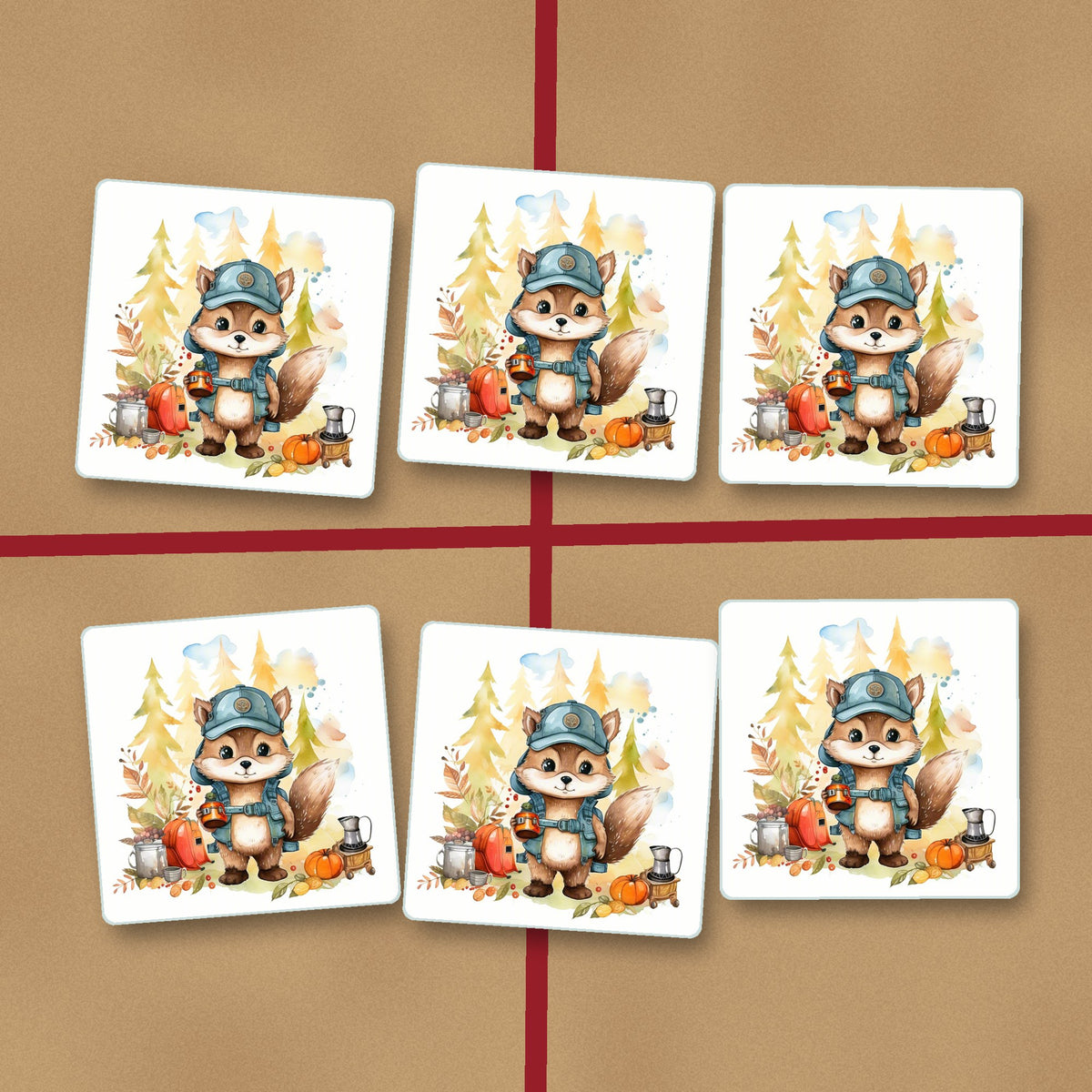 Squirrel Camper square glass coasters on kraft gift wrap