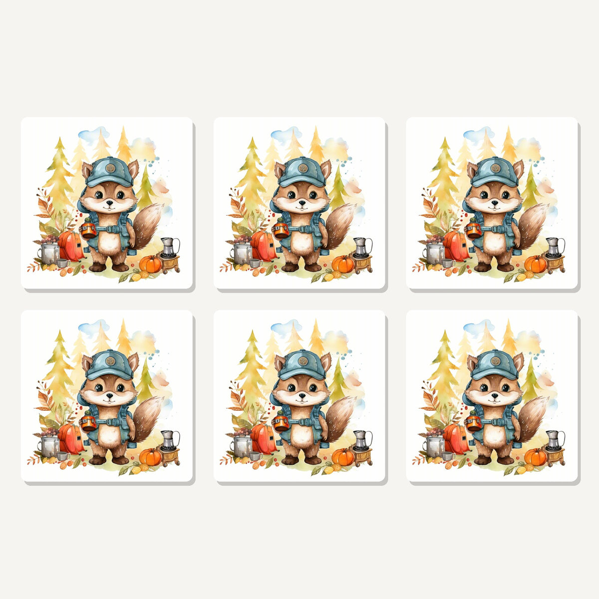 Flat lay of the squirrel camper artwork on six square coasters
