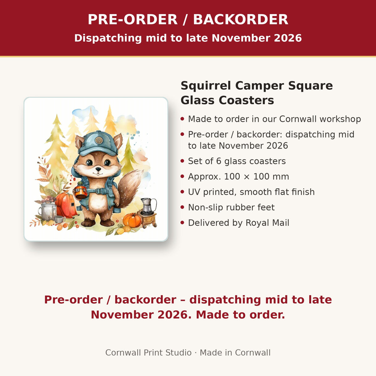 Info card: Squirrel Camper Square Glass Coasters – Set of 6, made to order, dispatching mid to late November 2026, delivered by Royal Mail