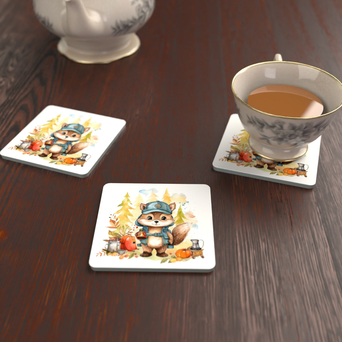 Squirrel Camper Square Glass Coasters – Set of 6 – lifestyle mockup with a teacup