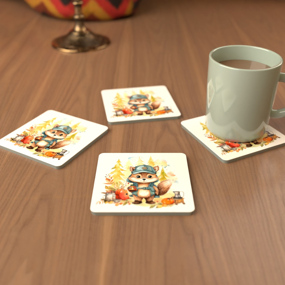 Squirrel Camper Square Glass Coasters – Set of 6 – cosy lifestyle mockup