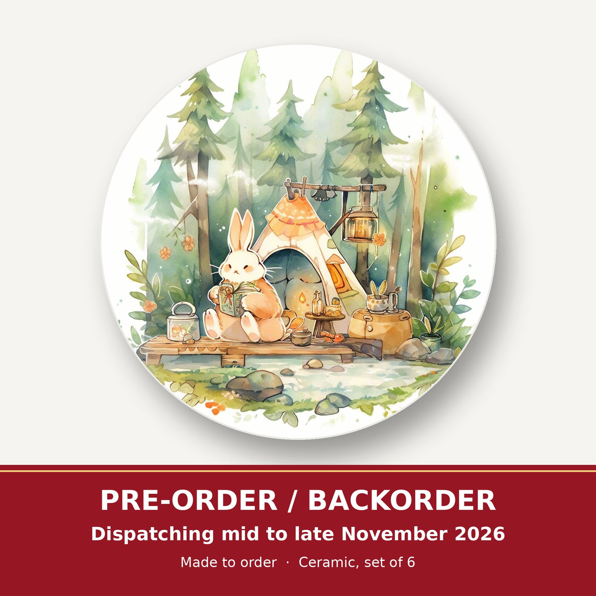 Rabbit Campsite in the Pines round ceramic coaster set of 6 – pre-order / backorder, dispatching mid to late November 2026
