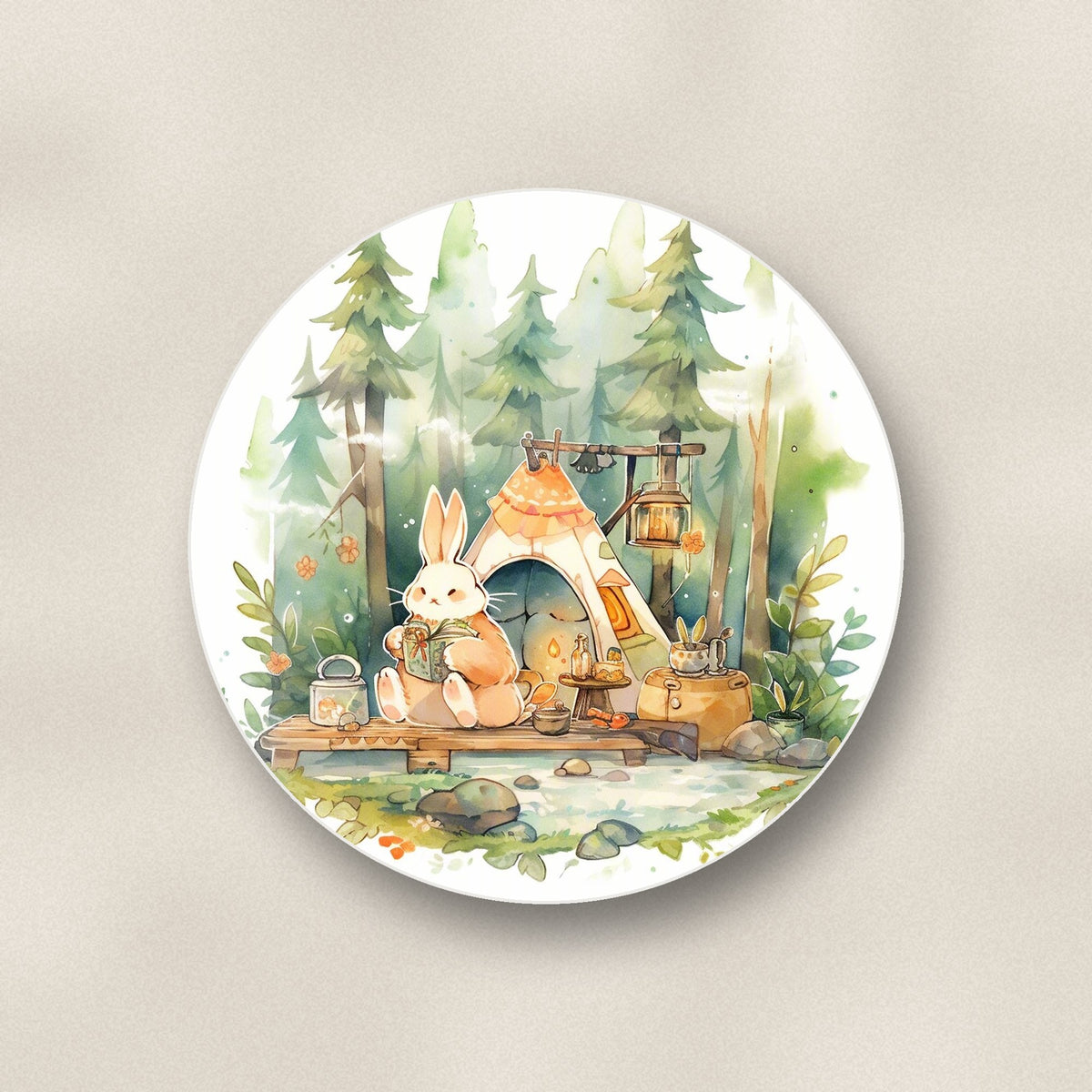 Close-up of one rabbit campsite in the pines round ceramic coaster, flat UV print