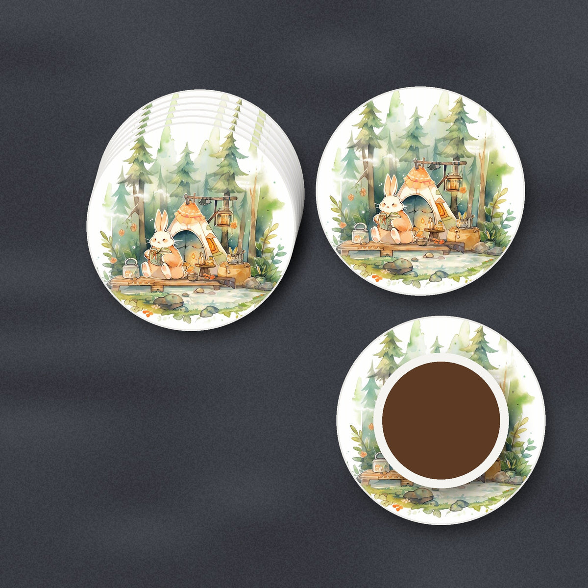 Rabbit Campsite in the Pines round ceramic coasters stacked on a slate kitchen worktop