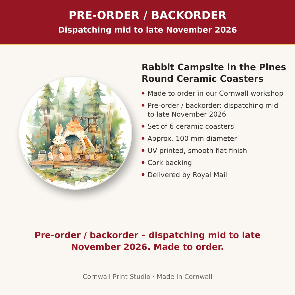 Info card: Rabbit Campsite in the Pines Round Ceramic Coasters – Set of 6, made to order, dispatching mid to late November 2026, delivered by Royal Mail