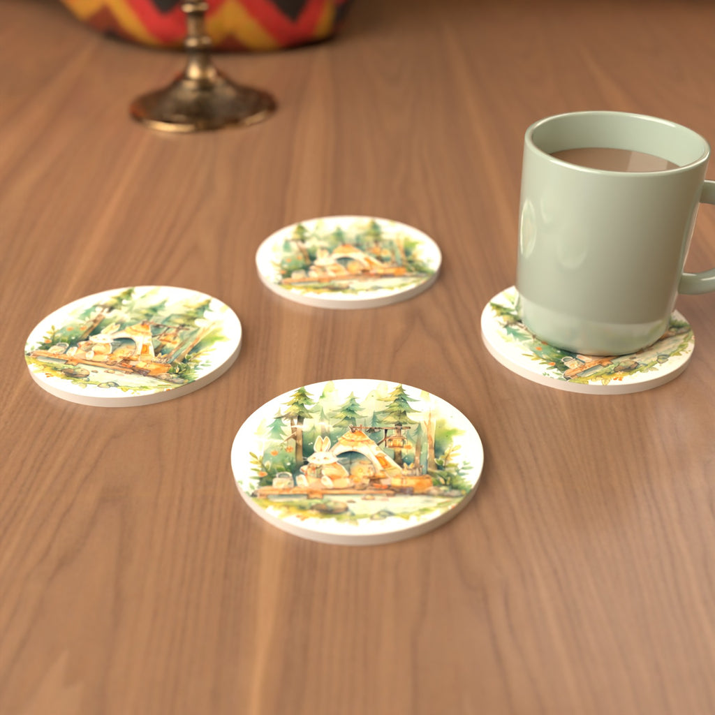 Rabbit Campsite in the Pines Round Ceramic Coasters – Set of 6 – cosy lifestyle mockup