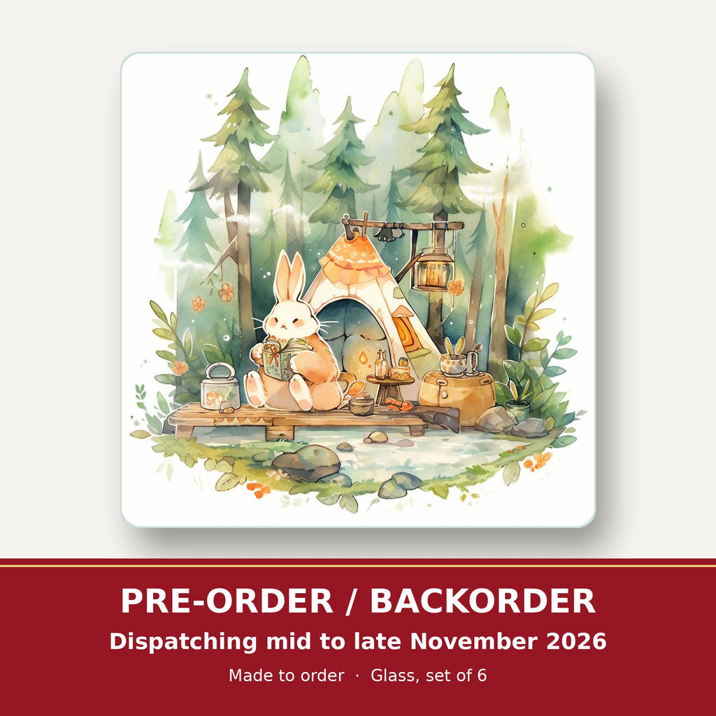 Rabbit Campsite in the Pines square glass coaster set of 6 – pre-order / backorder, dispatching mid to late November 2026