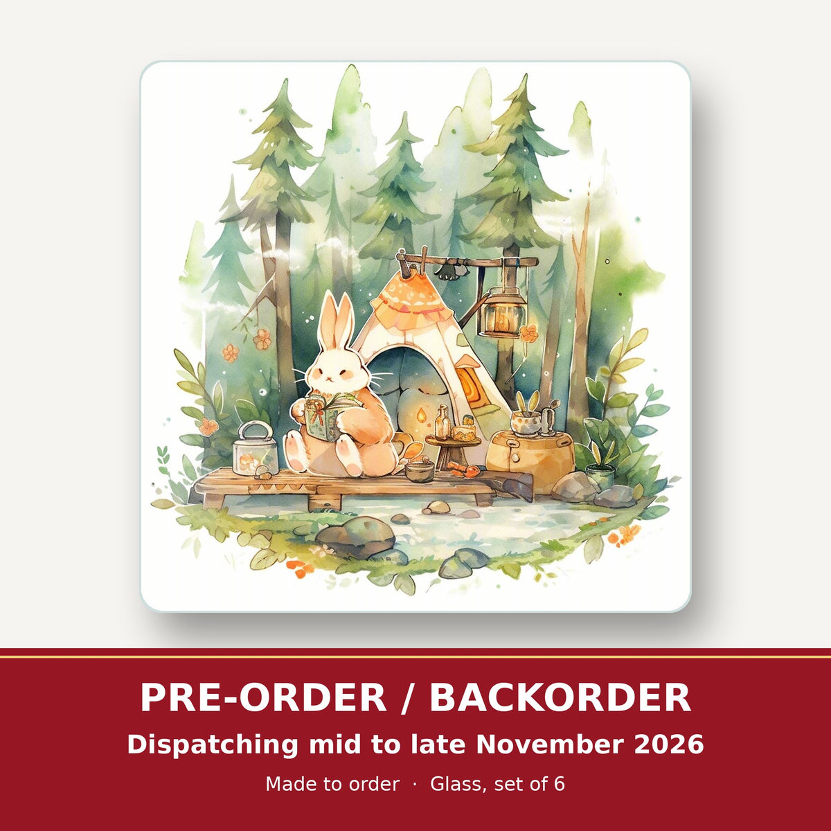 Rabbit Campsite in the Pines square glass coaster set of 6 – pre-order / backorder, dispatching mid to late November 2026