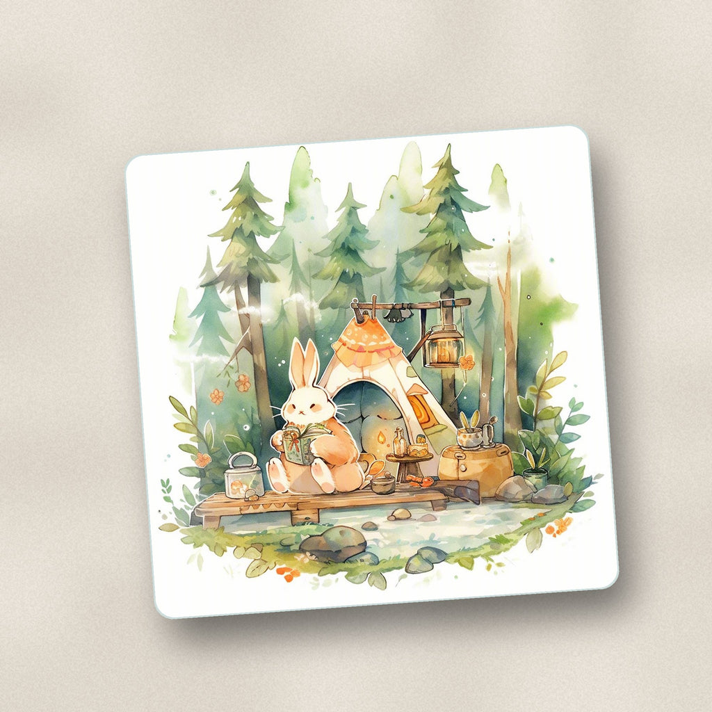 Close-up of one rabbit campsite in the pines square glass coaster, flat UV print