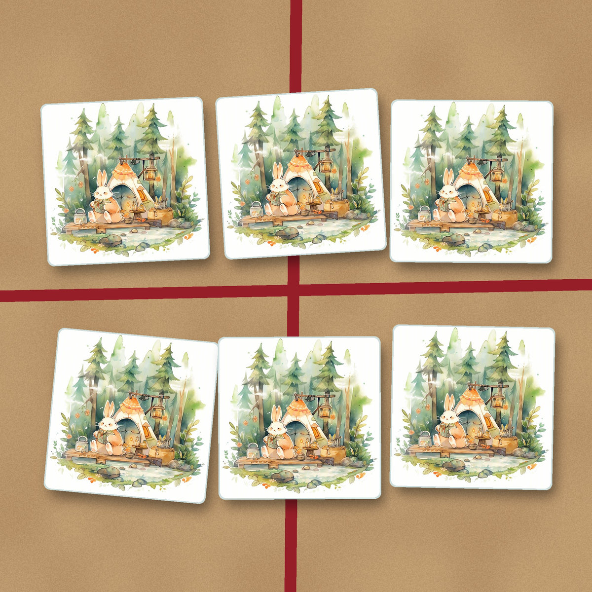 Rabbit Campsite in the Pines square glass coasters on kraft gift wrap