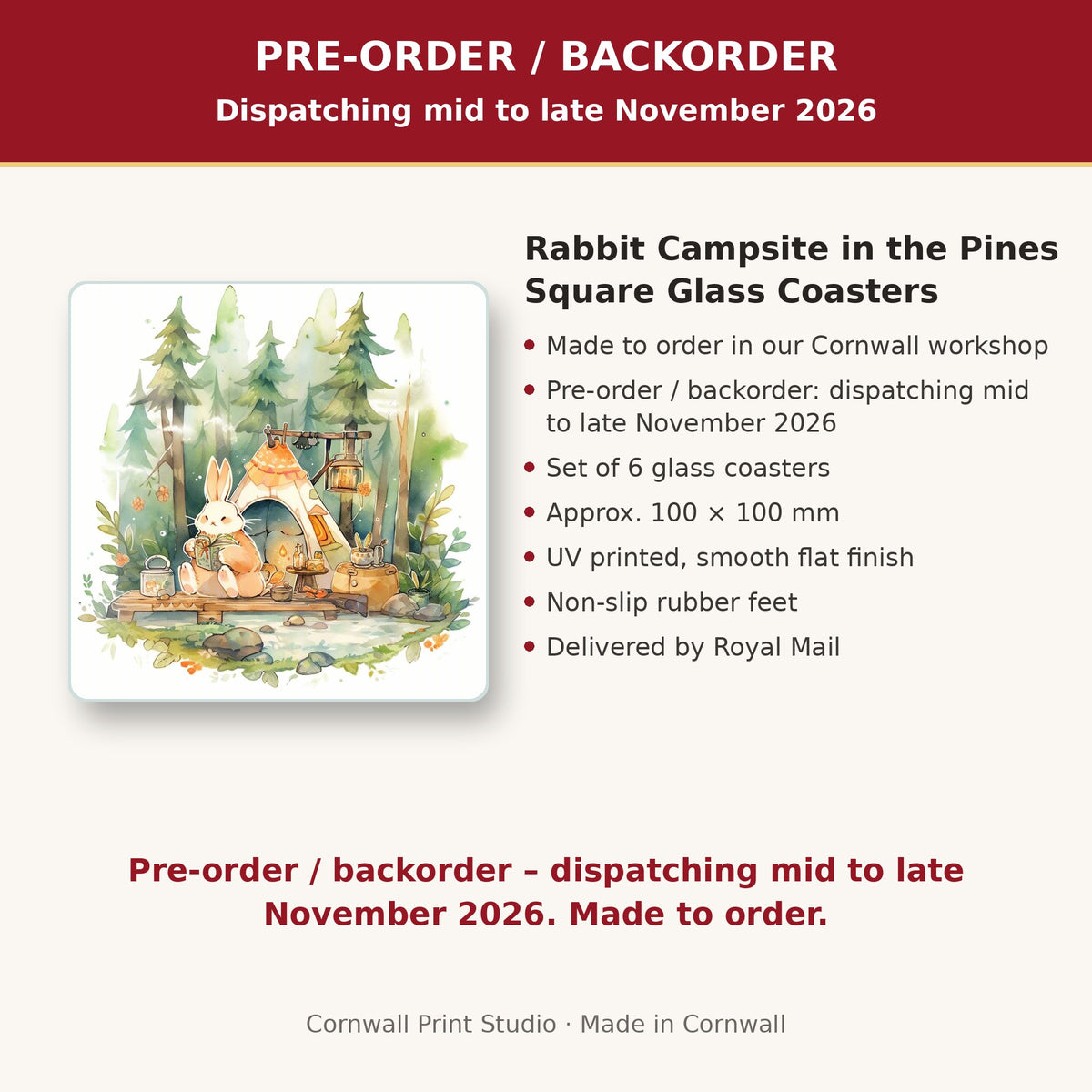 Info card: Rabbit Campsite in the Pines Square Glass Coasters – Set of 6, made to order, dispatching mid to late November 2026, delivered by Royal Mail