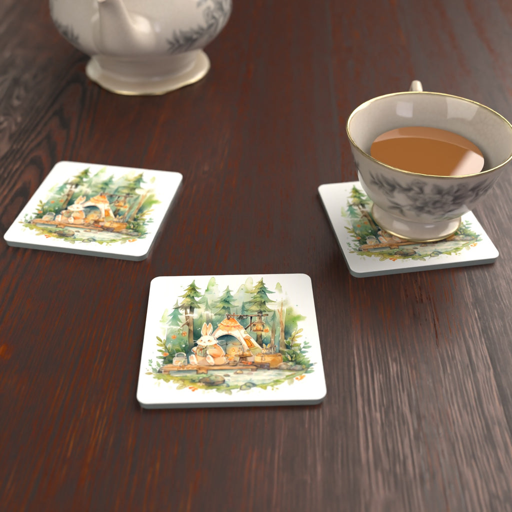Rabbit Campsite in the Pines Square Glass Coasters – Set of 6 – lifestyle mockup with a teacup