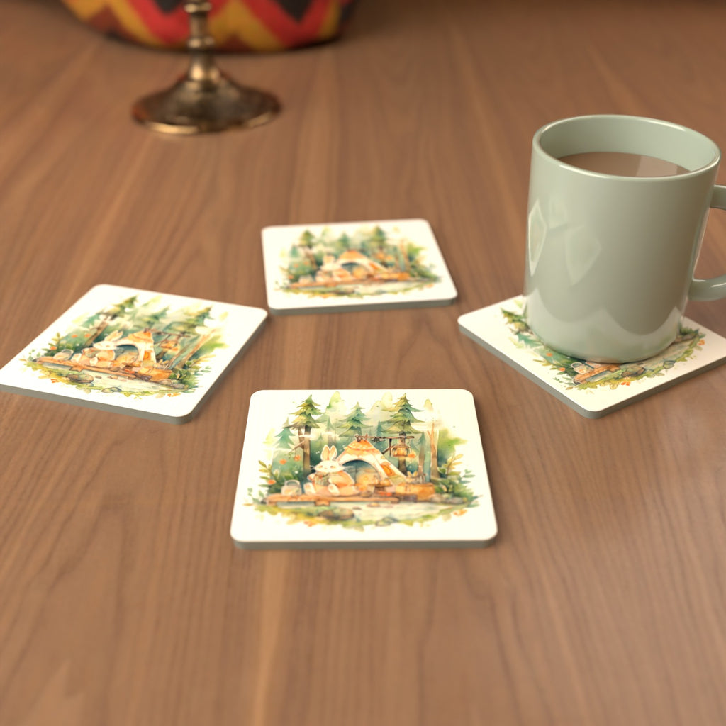 Rabbit Campsite in the Pines Square Glass Coasters – Set of 6 – cosy lifestyle mockup