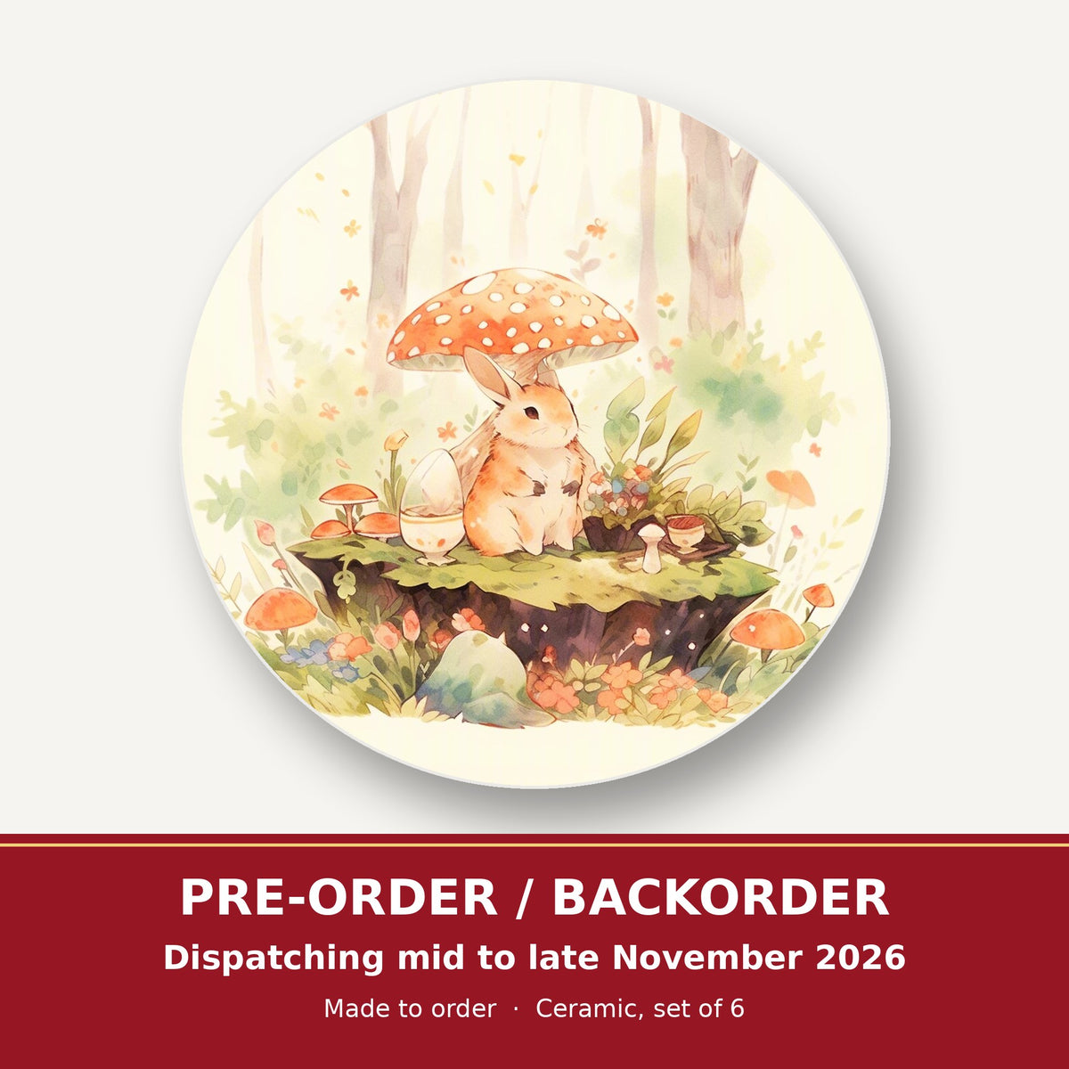 Rabbit under a Toadstool round ceramic coaster set of 6 – pre-order / backorder, dispatching mid to late November 2026