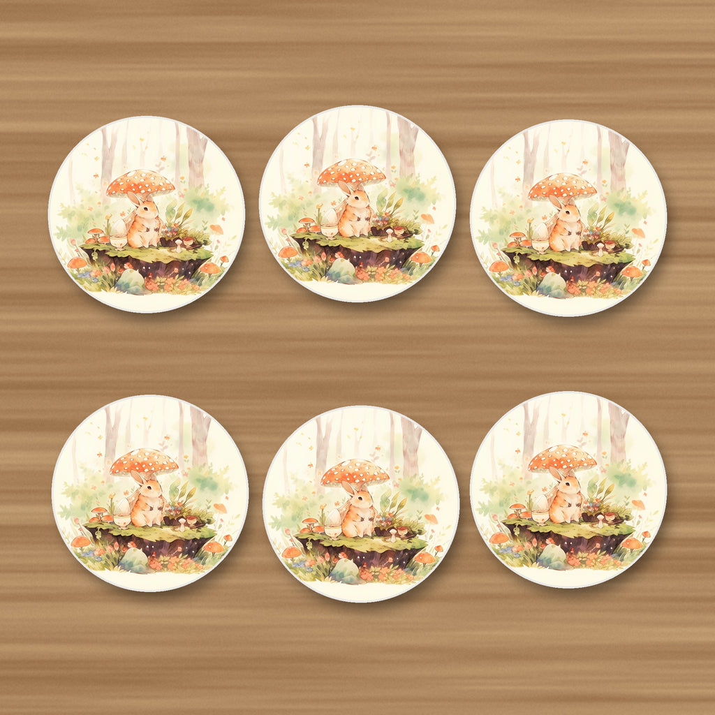 Rabbit under a Toadstool round ceramic coasters, set of 6, on an oak coffee table