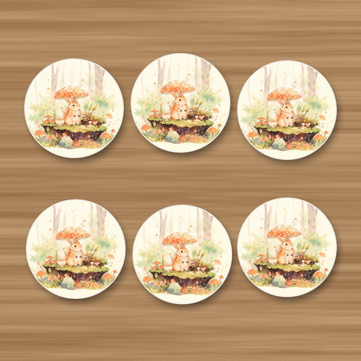 Rabbit under a Toadstool round ceramic coasters, set of 6, on an oak coffee table