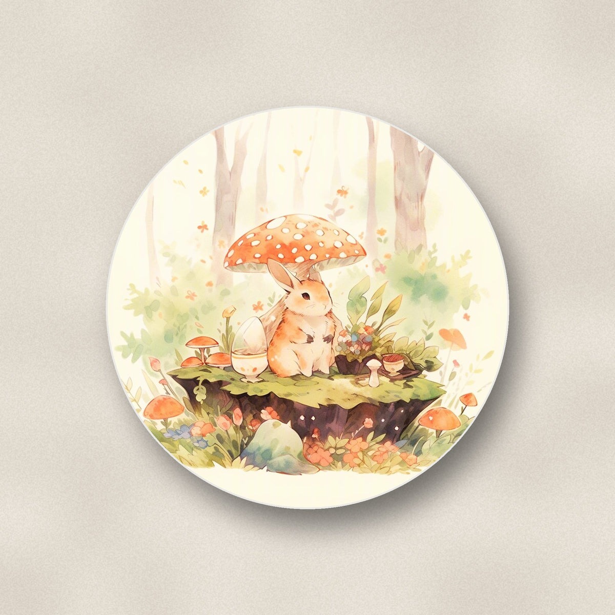 Close-up of one rabbit under a toadstool round ceramic coaster, flat UV print