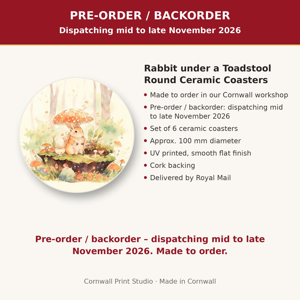 Info card: Rabbit under a Toadstool Round Ceramic Coasters – Set of 6, made to order, dispatching mid to late November 2026, delivered by Royal Mail