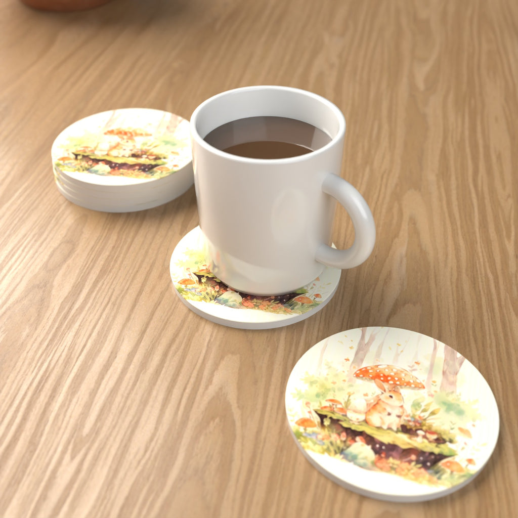 Rabbit under a Toadstool Round Ceramic Coasters – Set of 6 – lifestyle mockup with a mug of coffee