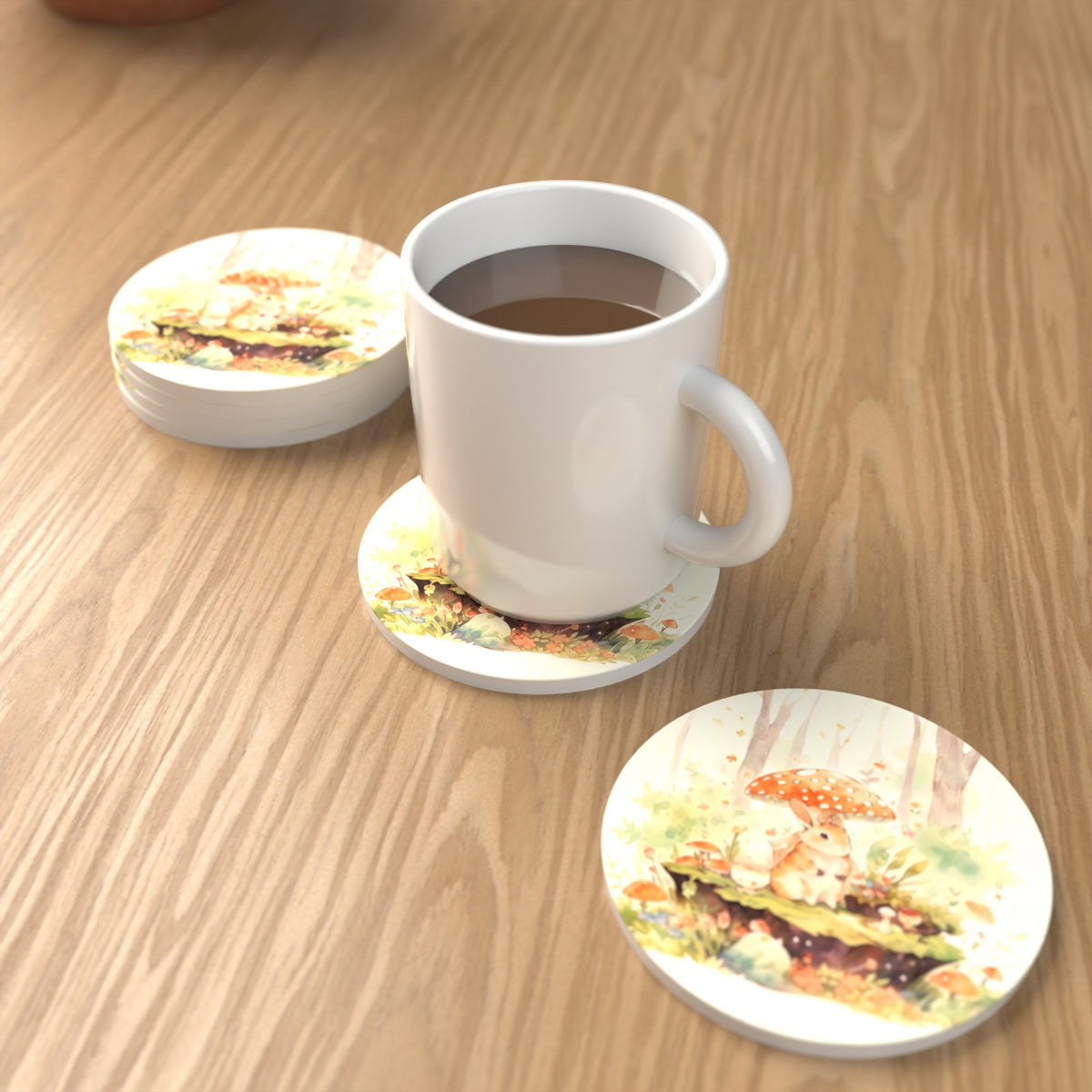Rabbit under a Toadstool Round Ceramic Coasters – Set of 6 – lifestyle mockup with a mug of coffee