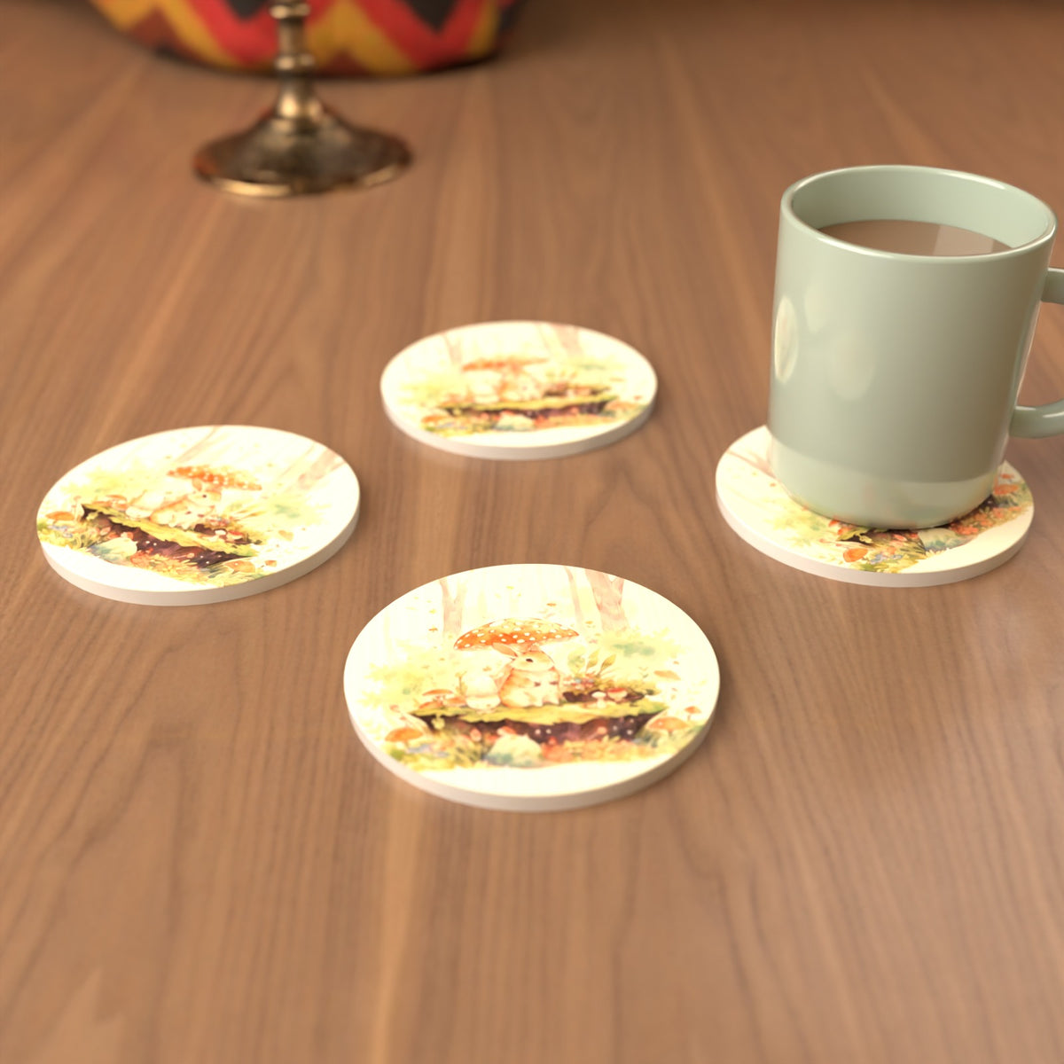 Rabbit under a Toadstool Round Ceramic Coasters – Set of 6 – cosy lifestyle mockup